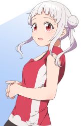 Rule 34 | 1girl, arashi chisato, double bun, hair bun, highres, jenny (artist), long hair, looking at viewer, love live!, love live! superstar!!, red eyes, red shirt, shirt, short sleeves, smile, solo, two-tone shirt, upper body, white hair