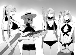 Rule 34 | :d, ak-12 (girls&#039; frontline), ak-15 (girls&#039; frontline), an-94 (girls&#039; frontline), bag, bare shoulders, bikini, blush, braid, breasts, cleavage, closed mouth, cropped shirt, crown braid, dolphin shorts, food, french braid, girls&#039; frontline, greyscale, grin, hair over one eye, hat, holding, holding bag, holding food, holding surfboard, holding water gun, huqu, jitome, large breasts, long hair, looking at viewer, monochrome, navel, one-piece swimsuit, one eye covered, open mouth, ponytail, rpk-16 (girls&#039; frontline), semi-rimless eyewear, short sleeves, shorts, small breasts, smile, straw hat, sunglasses, surfboard, swimsuit, toned, under-rim eyewear, very long hair, water gun, wide-eyed