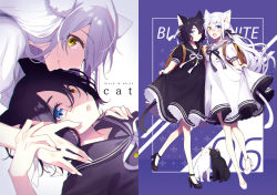 Rule 34 | 2girls, :d, animal, animal ears, black bow, black cat, black dress, black footwear, black neckwear, black vs white, blue eyes, bow, bowtie, cat, cat ears, cat girl, cat tail, chromatic aberration, closed mouth, clothes lift, dress, dress lift, fang, full body, hair between eyes, hair over one eye, heterochromia, high heels, long hair, looking at viewer, lying, multiple girls, multiple views, on back, open mouth, original, parted lips, personification, sailor collar, saine, short hair, sidelocks, skin fang, smile, standing, standing on one leg, tail, white bow, white cat, white dress, white footwear, white neckwear, yellow eyes