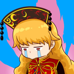 Rule 34 | 1girl, black dress, blonde hair, chinese clothes, crying, crying with eyes open, dress, junko (touhou), long hair, meme, okema, pout, red eyes, solo, streaming tears, tabard, tears, touhou, wavy hair