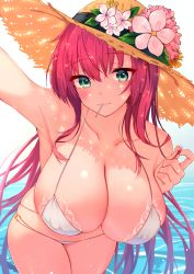 Rule 34 | 1girl, absurdres, aqua eyes, armpits, azur lane, bikini, blush, breasts, cleavage, closed mouth, collarbone, commentary request, flower, flower hat, hat, highres, huge breasts, long hair, looking at viewer, mouth hold, red hair, selfie, smile, solo, straw hat, surcouf (azur lane), surcouf (loisirs balneaires) (azur lane), swimsuit, u ronnta, water, white bikini