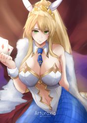 Rule 34 | 1girl, absurdres, ahoge, animal ears, artoria pendragon (all), artoria pendragon (fate), artoria pendragon (swimsuit ruler) (fate), arturaxia, bare shoulders, blonde hair, blue necktie, blue pantyhose, blush, braid, breasts, card, cleavage, closed mouth, clothing cutout, detached collar, fake animal ears, fate/grand order, fate (series), feather boa, fishnet pantyhose, fishnets, french braid, green eyes, hair ribbon, highleg, highleg leotard, highres, large breasts, leotard, long hair, looking at viewer, navel, navel cutout, necktie, pantyhose, playboy bunny, playing card, ponytail, rabbit ears, ribbon, sitting, smile, solo, tiara, white leotard, wrist cuffs
