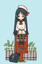 Rule 34 | 1girl, beret, black footwear, black hair, blue background, blush stickers, bow, briefcase, brown sailor collar, brown skirt, brown socks, closed mouth, commentary request, fence, hat, highres, loafers, long hair, long sleeves, looking at viewer, original, own hands together, pleated skirt, postbox (outgoing mail), red bow, sailor collar, school briefcase, school uniform, serafuku, shirt, shoes, short eyebrows, simple background, sitting, skirt, socks, solo, thick eyebrows, tilted headwear, very long hair, white hat, white shirt, yukimoto shuuji (gurigura)