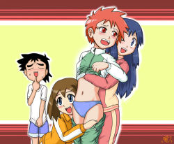 Rule 34 | 1boy, 3girls, ;d, ash ketchum, black hair, blue eyes, blue hair, blue panties, blush, breasts, brown hair, closed eyes, clothes lift, commentary request, covering crotch, covering privates, creatures (company), d:, dawn (pokemon), embarrassed, eye contact, finger to mouth, flat chest, furrowed brow, game freak, gouguru, gym shirt, gym shorts, hand under clothes, jacket, jacket lift, jpeg artifacts, lifting another&#039;s clothes, long hair, long sleeves, looking at another, may (pokemon), medium hair, molestation, multiple girls, nintendo, no headwear, no nose, one eye closed, open mouth, panties, panty pull, pokemon, pokemon (anime), pokemon dppt (anime), purple panties, raglan sleeves, red eyes, red hair, shirt, shirt tug, short hair, shorts, sidelocks, smile, spiked hair, thick eyebrows, track suit, underwear, undressing, very short hair, zoey (pokemon)