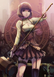 Rule 34 | 1girl, :&lt;, belt, black thighhighs, blunt bangs, bob cut, bodice, breasts, brown eyes, brown hair, buckle, chaang, cleavage, cleavage cutout, clock, clothing cutout, garter straps, gears, hair ornament, hammer, highres, holding, light particles, lips, long sleeves, looking at viewer, medium breasts, miniskirt, original, pleated skirt, roman numeral, shirt, single thighhigh, skirt, solo, standing, thigh strap, thighhighs, two-handed, underbust, watermark, white shirt