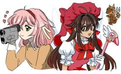 Rule 34 | 1990s (style), 2girls, :3, :d, antlers, blush, bow, brown hair, camcorder, cardcaptor sakura, commentary, cosplay, dark-skinned female, dark skin, dragon, dress, english commentary, eyebrows hidden by hair, fuuin no tsue, genshin impact, gloves, green eyes, hat, headband, heart, highres, horns, hu tao (genshin impact), kinomoto sakura, kinomoto sakura (cosplay), long hair, long sleeves, magical girl, multiple girls, open mouth, puffy short sleeves, puffy sleeves, recording, retro artstyle, short hair, short sleeves, smile, video camera, wand, white background, white gloves, wings, y4ntaoist, yanfei (genshin impact), yuri