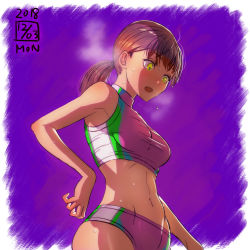 Rule 34 | 1girl, armpits, bare arms, bare shoulders, blush, breasts, breath, brown hair, buruma, cowboy shot, dated, green eyes, highres, ikeda (cpt), medium breasts, midriff, navel, open mouth, original, ponytail, purple background, solo, sports bra, standing, sweat, sweatdrop, toned