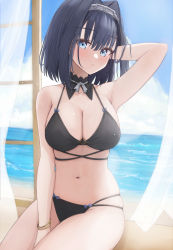 Rule 34 | 1girl, absurdres, arm up, armpits, bare arms, bare shoulders, between legs, bikini, black bikini, black hair, blue eyes, blue sky, blush, breasts, chain, cleavage, cloud, curtains, day, detached collar, grey ribbon, hair intakes, halterneck, hand between legs, hand in own hair, highres, hololive, hololive english, indoors, large breasts, looking at viewer, mofu07519, navel, neck ribbon, ocean, open window, ouro kronii, outdoors, parted lips, ribbon, sitting, skindentation, sky, smile, solo, stomach, string bikini, swimsuit, virtual youtuber, water, window