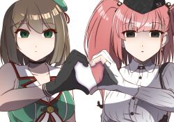 Rule 34 | 2girls, atlanta (kancolle), bare shoulders, black gloves, black headwear, breasts, brown hair, cut bangs, earrings, empty eyes, expressionless, fingerless gloves, gloves, green eyes, hat, heart, heart hands, heart hands duo, highres, jewelry, kantai collection, kuroyaki soba, large breasts, looking at viewer, maya (kancolle), medium breasts, medium hair, mini hat, multiple girls, sailor collar, shirt, simple background, star (symbol), star earrings, two side up, upper body, white background, white shirt
