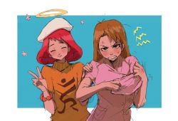Rule 34 | 2girls, ace attorney, anger vein, beret, brown hair, capcom, closed eyes, halo, hand on another&#039;s shoulder, hat, ini miney, mimi miney, multiple girls, nurse, nurse cap, phoenix wright: ace attorney - justice for all, red hair, ribitta, siblings, sisters, spoilers, v, white headwear