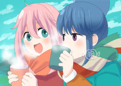 2girls blue_eyes blue_hair blush cloud coat cup day dot_nose drinking feet_out_of_frame female_focus hair_between_eyes hat holding kagamihara_nadeshiko long_hair long_sleeves looking_at_viewer multiple_girls open_mouth outdoors pea5ly pink_hair purple_eyes scarf shima_rin sky standing steam winter winter_clothes winter_coat yurucamp