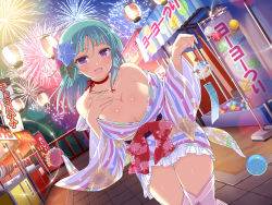 Rule 34 | 1girl, bare shoulders, bashou (senran kagura), bell, breasts, cleavage, festival, fireworks, flower, green eyes, hair flower, hair ornament, hand on own chest, highres, japanese clothes, jewelry, kimono, large breasts, legs together, looking at viewer, miniskirt, necklace, open mouth, pink thighhighs, purple eyes, revealing clothes, ribbon, senran kagura, short hair, sideboob, skirt, smile, solo, summer festival, thick thighs, thighhighs, thighs, yaegashi nan, yukata