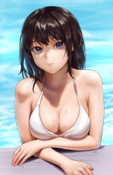 Rule 34 | absurdres, bare arms, bikini, black hair, breasts, cleavage, closed mouth, highres, inoue takina, long hair, looking at viewer, lycoris recoil, medium breasts, purple eyes, sibo, swimsuit, wet, white bikini