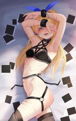 Rule 34 | 1girl, armpits, arms up, bdsm, black bra, black choker, black thighhighs, blonde girl (popopoka), blue eyes, bondage, borrowed character, bound, bound wrists, bra, choker, commentary, covering own eyes, english commentary, flat chest, fuzzy handcuffs, garter belt, highres, lingerie, long hair, lying, multiple scars, navel, o-ring legwear garter, on bed, on side, one eye covered, original, pentagram, photo (object), polaroid, rancidronin, scar, scar on arm, scar on leg, scars all over, self-harm scar, solo, thighhighs, too many, underwear, underwear only