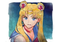 Rule 34 | 1girl, artist name, bishoujo senshi sailor moon, blonde hair, blue eyes, blue sailor collar, blush, breasts, choker, circlet, cleavage, commentary, crescent, crescent earrings, derivative work, double bun, earrings, framed, from side, hair bun, hair ornament, hair over shoulder, heart, heart choker, heart necklace, highres, jewelry, long hair, looking at viewer, magical girl, meme, neck, necklace, okada (hoooojicha), parted bangs, parted lips, red choker, sailor collar, sailor moon, sailor moon redraw challenge (meme), sailor senshi uniform, signature, simple background, sleeveless, solo, sweat, symbol-only commentary, tiara, tsukino usagi, twintails, upper body, white background
