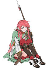 Rule 34 | 1girl, aqua eyes, bolt action, carcano, carcano m1891 (girls&#039; frontline), closed mouth, cross-laced footwear, girls&#039; frontline, gun, high heels, highres, long hair, looking at viewer, red hair, red skirt, red thighhighs, rifle, ruukii drift, shin guards, shoes, simple background, sitting, skirt, smile, solo, thighhighs, third-party edit, weapon, weibo logo, white background