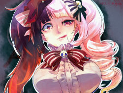 Rule 34 | 10s, 1girl, :p, alicia (chain chronicle), bad id, bad pixiv id, bakemata, black hair, bow, breasts, chain chronicle, crazy eyes, hair bow, hair ornament, hat, large breasts, long hair, multicolored hair, pink hair, red eyes, skull hair ornament, solo, tongue, tongue out, twintails