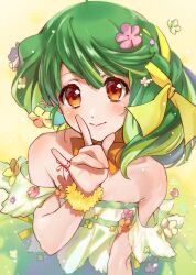 Rule 34 | 1girl, \m/, aoi rokushou, arm scrunchie, blush, breasts, brown eyes, cleavage, flower, green flower, green hair, green shirt, hair flower, hair ornament, hair ribbon, highres, looking at viewer, macross, macross frontier, multicolored hair, off-shoulder shirt, off shoulder, pink flower, ranka lee, ribbon, shirt, short hair, small breasts, smile, solo, streaked hair, string around finger, yellow background, yellow flower, yellow ribbon