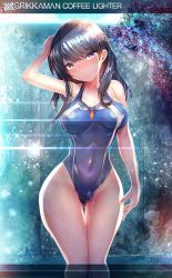 Rule 34 | 1girl, bad id, bad pixiv id, black hair, blue eyes, blue one-piece swimsuit, blush, breasts, cameltoe, collarbone, competition swimsuit, covered navel, cowboy shot, curvy, gluteal fold, goggles, goggles around neck, gridman universe, head tilt, highleg, highleg swimsuit, highres, legs together, lens flare, long hair, looking at viewer, medium breasts, one-piece swimsuit, silly (marinkomoe), solo, sparkle, ssss.gridman, standing, swimsuit, takarada rikka, thigh gap, wide hips