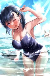 Rule 34 | 2girls, black hair, blue eyes, blue one-piece swimsuit, blue sky, breasts, cloud, commentary request, competition school swimsuit, cowboy shot, day, hair ornament, hairclip, happy meek (umamusume), highres, kiryuuin aoi, large breasts, leaning to the side, multiple girls, one-piece swimsuit, one eye closed, outdoors, school swimsuit, school uniform, sg (esujii), short hair, sky, soaking feet, solo focus, standing, sun beam, swimsuit, umamusume, wading, water
