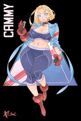 Rule 34 | 1girl, antenna hair, artist name, black background, blonde hair, blue eyes, blue jacket, boots, breasts, cammy white, character name, choker, facial scar, fingerless gloves, full body, gloves, highres, jacket, large breasts, looking at viewer, navel, pants, parted lips, pink lips, red gloves, scar, scar on cheek, scar on face, short hair, solo, sports bra, street fighter, street fighter 6, thighs, tight clothes, tight pants, triangle, wide hips, x-t3al, yoga pants
