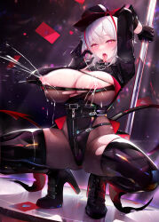 Rule 34 | 1girl, absurdres, arknights, binggong asylum, black footwear, black gloves, black hat, black pantyhose, black thighhighs, breasts, breasts out, demon horns, demon tail, elbow gloves, gloves, grey hair, handjob gesture, hat, heart, heart-shaped pupils, high heels, highres, horns, lactation, large breasts, looking at viewer, nipples, no bra, open mouth, pantyhose, projectile lactation, red eyes, shirt, short hair, solo, spread legs, squatting, symbol-shaped pupils, tail, thighhighs, thighhighs over pantyhose, torn clothes, torn pantyhose, torn shirt, w (arknights), w (wanted) (arknights)