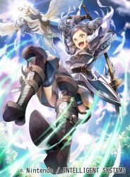 Rule 34 | 1girl, armor, commentary request, company name, copyright name, cynthia (fire emblem), day, fire emblem, fire emblem awakening, fire emblem cipher, long hair, nagahama megumi, nintendo, official art, outdoors, parted bangs, pegasus, pegasus knight uniform (fire emblem), solo