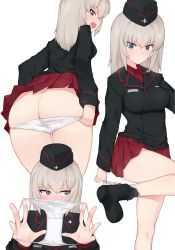 Rule 34 | 10s, 1girl, absurdres, ankle boots, ass, bad id, bad pixiv id, black footwear, black jacket, blonde hair, blue eyes, blush, boots, breasts, butt crack, collared shirt, embarrassed, girls und panzer, highres, holding panties, itsumi erika, jacket, kuromorimine military uniform, leaning forward, leg up, long hair, long sleeves, looking away, looking to the side, medium breasts, miniskirt, multiple views, panties, panties around leg, panty pull, pleated skirt, presenting removed panties, pulling own clothes, red shirt, red skirt, shiny skin, shirt, simple background, skirt, standing, standing on one leg, sweatdrop, thigh gap, thighs, underwear, white background, white panties, wing collar, yoi naosuke