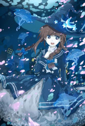 Rule 34 | 1girl, air bubble, black dress, blue theme, braid, brown eyes, brown hair, bubble, commentary request, crescent, dress, funamusea, futago, hair ornament, hand on own chest, hat, highres, jellyfish, oounabara to wadanohara, open mouth, ribbon, solo, star (symbol), star hair ornament, teeth, tongue, twin braids, underwater, wadanohara, white ribbon, witch hat