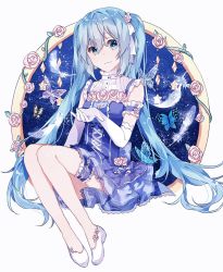 Rule 34 | 1girl, bad id, bad pixiv id, blue dress, blue eyes, blue hair, bug, butterfly, dress, elbow gloves, feathers, flower, gloves, hair ribbon, hatsune miku, highres, insect, long hair, looking at viewer, migolu, ribbon, rose, sitting, solo, twintails, very long hair, vocaloid, white gloves