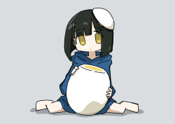 Rule 34 | 1girl, absurdres, blue hoodie, blunt bangs, blunt ends, bob cut, egg, expressionless, food, food on head, grey background, hardboiled egg, highres, holding, holding egg, hood, hoodie, long sleeves, object on head, original, personification, short hair, simple background, sitting, solo, tokiwa (914), wariza, yellow eyes