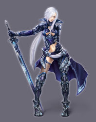 Rule 34 | 1girl, absurdres, armor, cape, highres, modama, original, red eyes, solo, sword, thighhighs, weapon, white hair