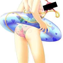 Rule 34 | 1girl, ass, bar censor, bare arms, bikini, censored, commentary request, cowboy shot, floral print, from behind, head out of frame, heart, heart print, holding, identity censor, innertube, komeiji satori, pink bikini, simple background, solo, standing, swim ring, swimsuit, thighs, third eye, touhou, white background, yanmarson