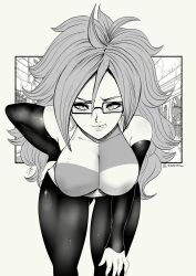 Rule 34 | 1girl, absurdres, android 21, bent over, breasts, detached sleeves, dragon ball, earrings, female focus, glasses, gluteal fold, highres, jewelry, large breasts, lips, long hair, looking at viewer, monochrome, sizebrush, solo, tongue, tongue out
