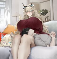 Rule 34 | 1girl, absurdres, alternate costume, bare shoulders, barghest (fate), black hair, blonde hair, breasts, command spell, couch, curtains, fate/grand order, fate (series), fujimaru ritsuka (male), green eyes, heterochromia, highres, holding hands, horns, huge breasts, indoors, lap pillow, long hair, looking at another, obazzotto, on couch, pillow, red eyes, ribbed sweater, short hair, sitting, sweater, thighs