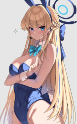 Rule 34 | 1girl, absurdres, animal ears, bare shoulders, blonde hair, blue archive, blue eyes, blue leotard, blush, bow, bowtie, braid, breasts, cleavage, commentary request, detached collar, earpiece, fake animal ears, french braid, halo, highleg, highleg leotard, highres, imuzi, leotard, long hair, looking at viewer, medium breasts, playboy bunny, rabbit ears, rabbit tail, solo, tail, toki (blue archive), toki (bunny) (blue archive), wrist cuffs