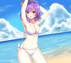 Rule 34 | 1girl, arms up, beach, bikini, blush, breasts, cleavage, day, hair ornament, highres, large breasts, leaf, looking at viewer, ocean, open mouth, purple hair, red eyes, revision, short hair, side-tie bikini bottom, solo, swimsuit, touhou, wendell, white bikini, yasaka kanako