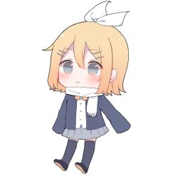 Rule 34 | 1girl, blazer, blonde hair, blue eyes, blue thighhighs, blush, bow, bowtie, chibi, full body, grey skirt, hair between eyes, hair ornament, hair ribbon, hairpin, jacket, kagamine rin, long sleeves, lowres, mimengfeixue, miniskirt, pleated skirt, ribbon, scarf, school uniform, shirt, shoes, short hair, simple background, skirt, sleeves past fingers, sleeves past wrists, smile, solo, thighhighs, vocaloid, white background, white ribbon, white scarf, white shirt
