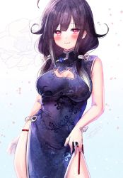 Rule 34 | 1girl, ahoge, alternate costume, blue dress, blush, breasts, china dress, chinese clothes, cleavage, dress, hair flaps, highres, ittokyu, kantai collection, looking at viewer, low twintails, purple hair, red eyes, smile, solo, taigei (kancolle), twintails