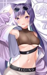 Rule 34 | 1girl, :d, absurdres, alternate costume, arm up, armpits, bare shoulders, belt, blush, breasts, casual, character name, collarbone, commentary request, cone hair bun, crop top, double bun, eyewear on head, genshin impact, hair bun, highres, jacket, keqing (genshin impact), long hair, long sleeves, looking at viewer, medium breasts, navel, off shoulder, open clothes, open jacket, open mouth, purple eyes, purple hair, purple jacket, smile, stomach, sunglasses, swept bangs, twintails, underboob, upper body, very long hair, white-framed eyewear, zotari