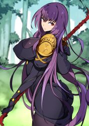Rule 34 | breasts, fate/grand order, fate (series), highres, large breasts, long hair, nac000, nipples, polearm, purple hair, red eyes, scathach (fate), solo, spear, veil, very long hair, weapon