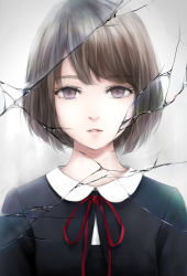 Rule 34 | 1girl, bob cut, brown hair, commentary request, crack, cracked glass, dress, grey background, looking at viewer, neck ribbon, nuwanko, original, pale skin, parted lips, purple eyes, red ribbon, ribbon, short hair, solo, upper body, white dress