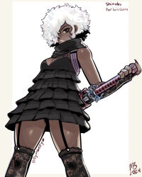 Rule 34 | 1girl, afro, black dress, black gloves, black scarf, breasts, brown eyes, character name, cleavage, dark-skinned female, dark skin, dress, elbow gloves, eymbee, fingerless gloves, fingernails, frilled dress, frills, garter straps, gloves, hair over one eye, hand on weapon, holding, holding sword, holding weapon, katana, kneehighs, legs apart, long fingernails, looking at viewer, medium breasts, no more heroes, scarf, shinobu jacobs, short dress, short hair, sleeveless, sleeveless dress, socks, solo, sword, weapon, white hair, white lips