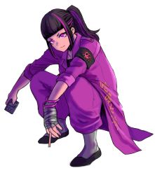 Rule 34 | 1girl, 6maker, alternate costume, bandages, black hair, cigarette, cigarette pack, han juri, highres, holding, holding cigarette, looking at viewer, muscular, muscular female, ponytail, purple eyes, purple hair, simple background, solo, squiggle, street fighter, street fighter v, white background