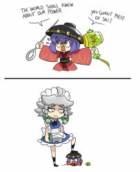 Rule 34 | 2girls, 2koma, angry, animated, animated gif, apron, bow, bowl, braid, comic, dagger, dress, english text, hair bow, hair ornament, izayoi sakuya, japanese clothes, knife, long sleeves, looking at another, maid headdress, mini person, minigirl, miracle mallet, multiple girls, needle, obi, object on head, open mouth, peachems (gemu), profanity, puffy sleeves, purple hair, red dress, sash, shirt, short hair, short sleeves, silver hair, skirt, skirt set, stomping, sukuna shinmyoumaru, text focus, touhou, trample, twin braids, vest, waist apron, weapon, wide sleeves