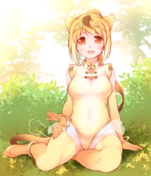 Rule 34 | 10s, 1girl, :d, animal ears, arakawa tarou, blush, bracelet, breasts, brown hair, bush, circlet, commentary request, day, elbow gloves, full body, gloves, golden snub-nosed monkey (kemono friends), highleg, highleg leotard, highres, jewelry, kemono friends, lap pillow invitation, leotard, long hair, looking at viewer, medium breasts, monkey ears, monkey tail, multicolored hair, nature, open mouth, outdoors, pink background, ponytail, sitting, smile, solo, sweat, tail, tree, yellow gloves, yellow legwear, yellow leotard, yokozuwari