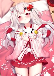 Rule 34 | 1girl, blush, fang, gradient hair, grey hair, hair ornament, highres, hololive, horns, japanese clothes, kimono, long hair, looking at viewer, lying, multicolored hair, nakiri ayame, nakiri ayame (shrine maiden), official alternate costume, on back, oni, poyoyo (nakiri ayame), red eyes, red hair, skin-covered horns, smile, solo, streaked hair, thighs, virtual youtuber, white clover (unfy8472)