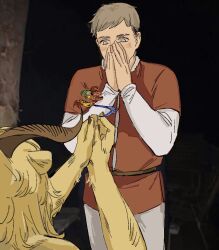 Rule 34 | 2boys, blonde hair, blush, dungeon meshi, furry, furry male, furry with non-furry, gasp, covering own mouth, interspecies, laios touden, lese fanyingdui, lion boy, male focus, marriage proposal, multiple boys, parody request, photo background, standing, thick eyebrows, winged lion (dungeon meshi), yellow eyes