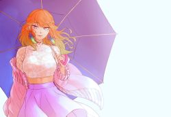 Rule 34 | 1girl, breasts, commentary, covered collarbone, cowboy shot, earrings, english commentary, highres, holding, holding umbrella, hololive, hololive english, iskaydi, jewelry, looking at viewer, medium breasts, orange hair, purple eyes, skirt, smile, solo, takanashi kiara, umbrella, virtual youtuber