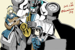Rule 34 | 10s, 1980s (style), 1boy, 2girls, atago (kancolle), autobot, beret, black gloves, black hair, black legwear, blonde hair, breasts, crossover, garter straps, gloves, grand piano, guitar, hat, instrument, jazz, jazz (transformers), kamizono (spookyhouse), kantai collection, large breasts, long hair, machine, machinery, mecha, military, military uniform, multiple girls, retro artstyle, open mouth, pantyhose, piano, piano bench, red eyes, retro artstyle, robot, saxophone, science fiction, short hair, smile, takao (kancolle), thighhighs, torn clothes, torn legwear, transformers, twitter username, uniform